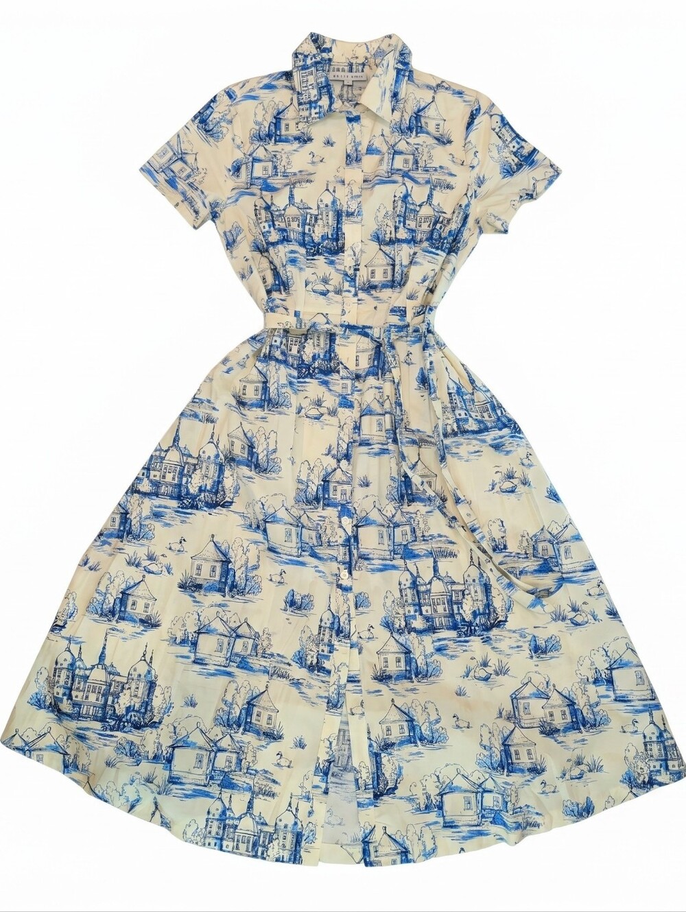 NWT Baltic Born Layne Holland Toile Midi Dress Cream Blue Tie Waist Size S - Picture 3 of 11